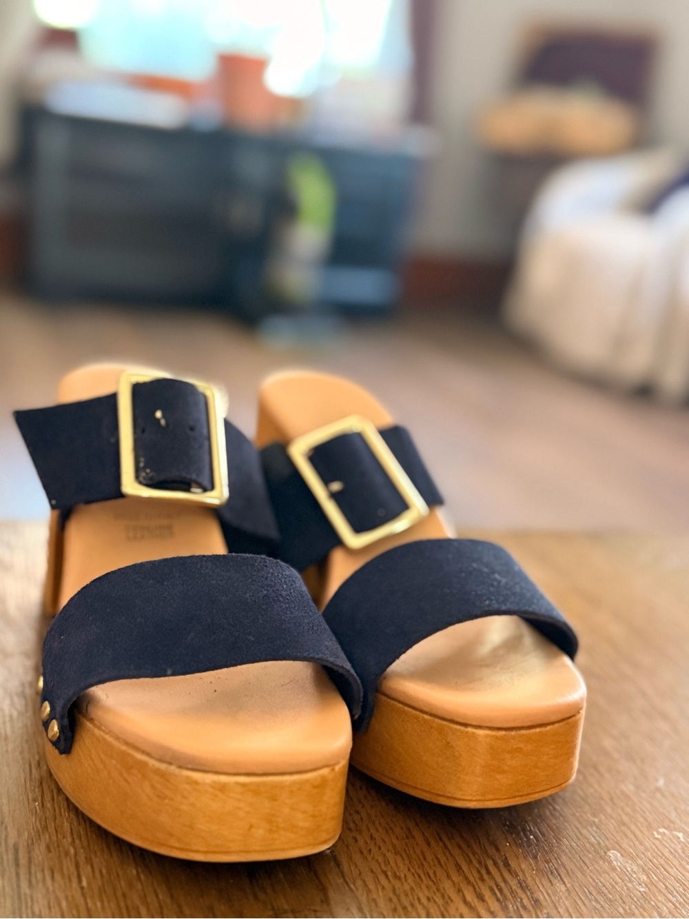 Platform Block Heel Sandals in Navy with Gold Studs - Picture 8 of 9